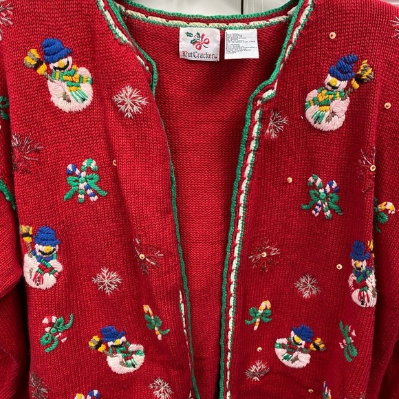 Nutcracker Christmas Snowmen Hand Knit Sweater Embroidery Button Up Large LG - Picture 2 of 8